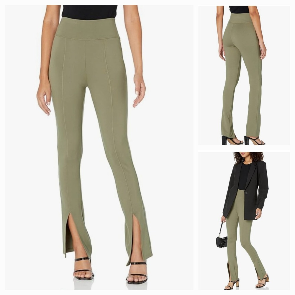 The Drop Women's SZ L High Rise Flare Leggings Sexy Split Hem Army Green